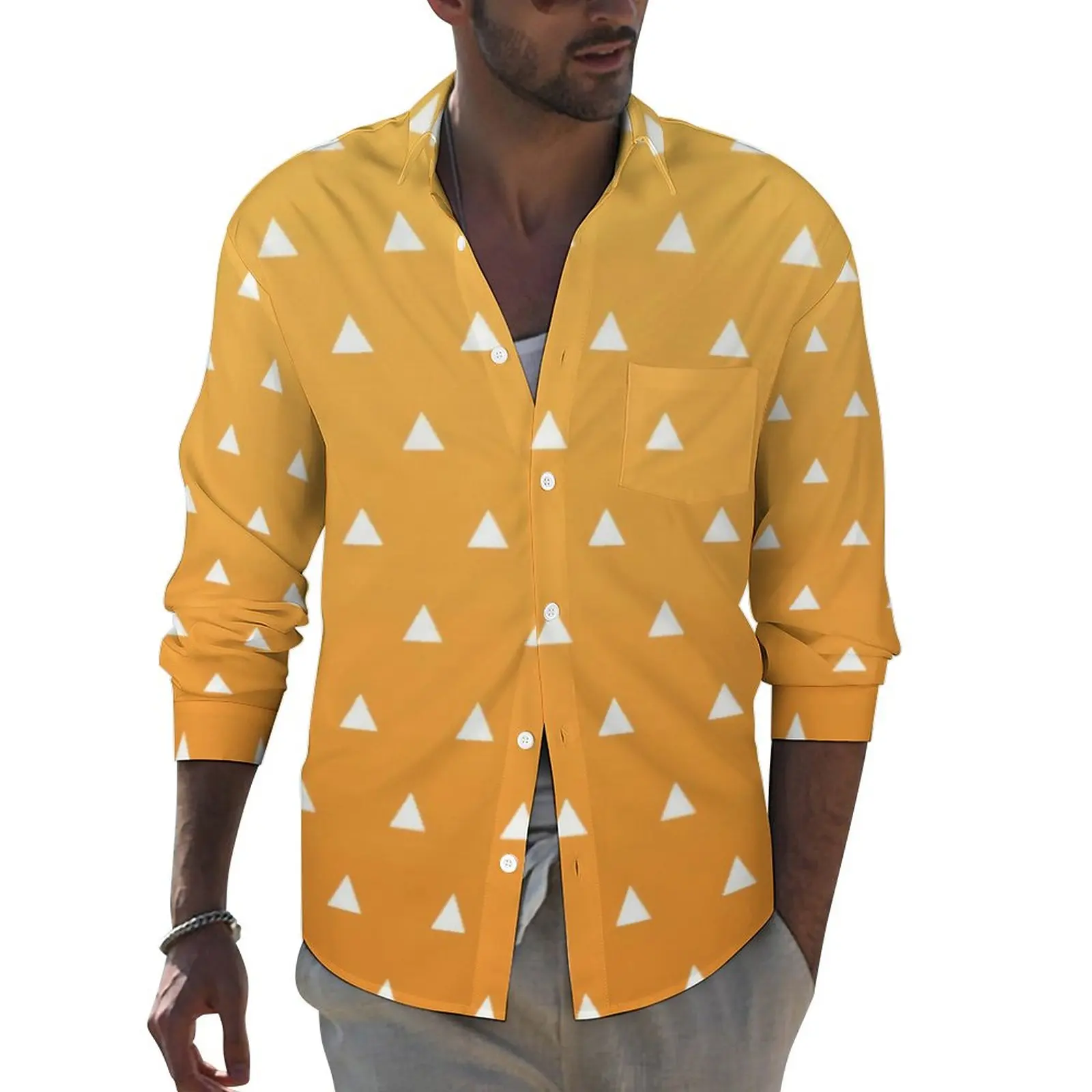 

Agatsuma Zenitsu Pattern Casual Shirts Men Cosplay Demon Slayer Anime Kimetsu No Yaiba Shirt Long Sleeve Fashion Street Blouses