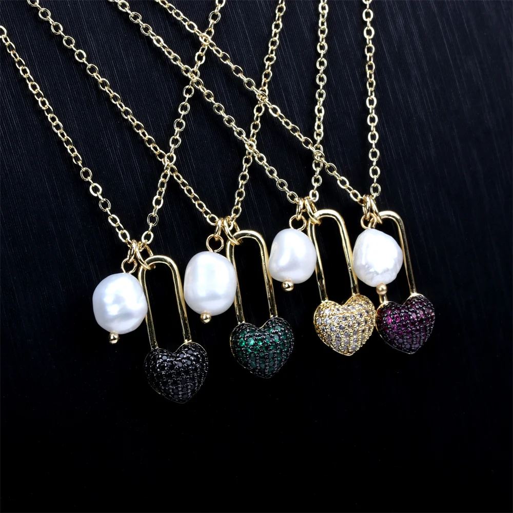 

Подвески EYIKA в стиле барокко, Пресноводный Жемчуг, разноцветный циркон, висячий замок в форме сердца, двойная Фотолюминесцентная Женская би...