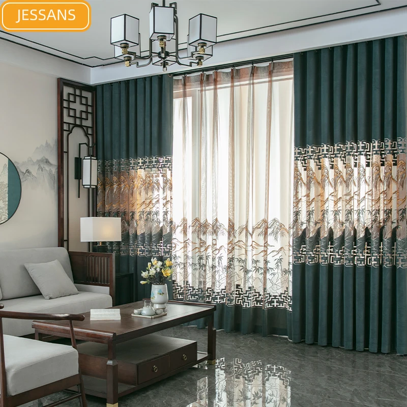 

New Chinese Style Bamboo Forest Embroidered Gauze Curtain Embroidery Curtains for Living Room Bedroom Custom Finished Product