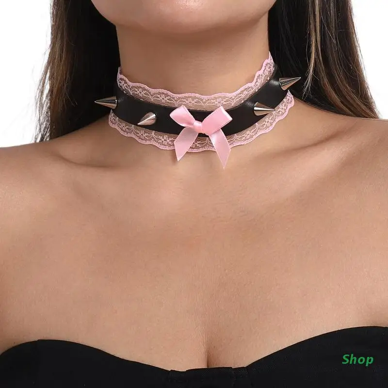 

L5YC Unisex Cool Punk Goth Metal Spike Studded Lace Leather Collar Choker Necklace