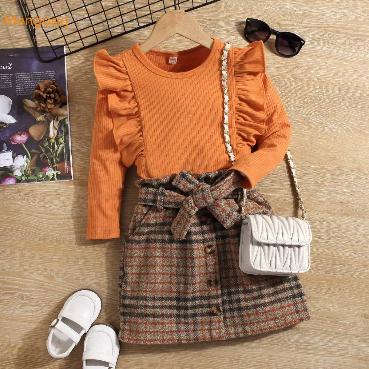 

Fashion Girls Solid Ruched Knitting Top Shirts Plaid Belt Skirts Toddler Kids Clothes Children Set 2pcs 18M-6Y Drop-shipping