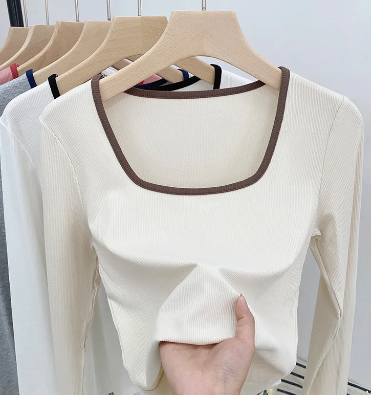 

Contrast collarbone square neck top short sleeved