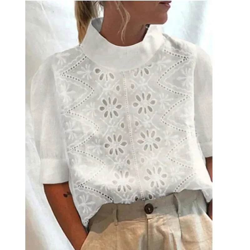 

Hollow Out Lace Cotton Blouse Summer Elegant Tops Fashion Vintage Puff Sleeve Shirts Casual Half High Collar Women Clothes 26583