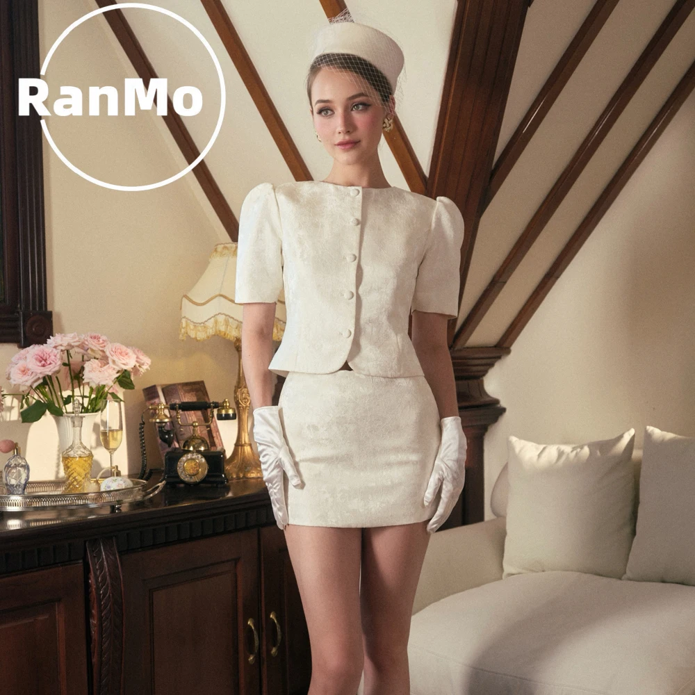 Фото Индивидуальный элегантный новый жаккардовый комплект Ranmo: платье невесты с коротким рукавом и мини-юбка на пуговицах, винтажное платье для подружки невесты (Vestido Madrinha Casamento) №1