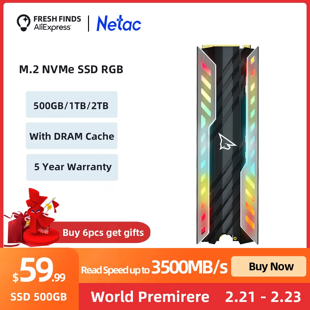 Твердотельный накопитель Netac SSD NVMe m2 ssd 500 Гб ТБ 2 M2 RGB M.2 PCIe внутренний жесткий диск