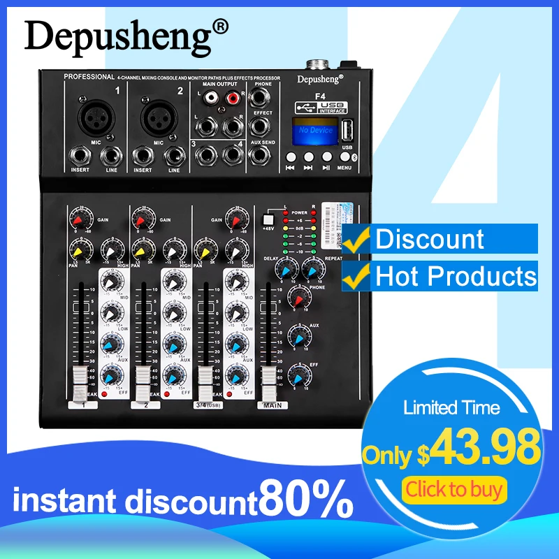 Sound Mixer Depusheng F4 4 Channel Professional Audio Mixing Console With Bluetooth USB Recording 48V Phantom Power Monitor Path
