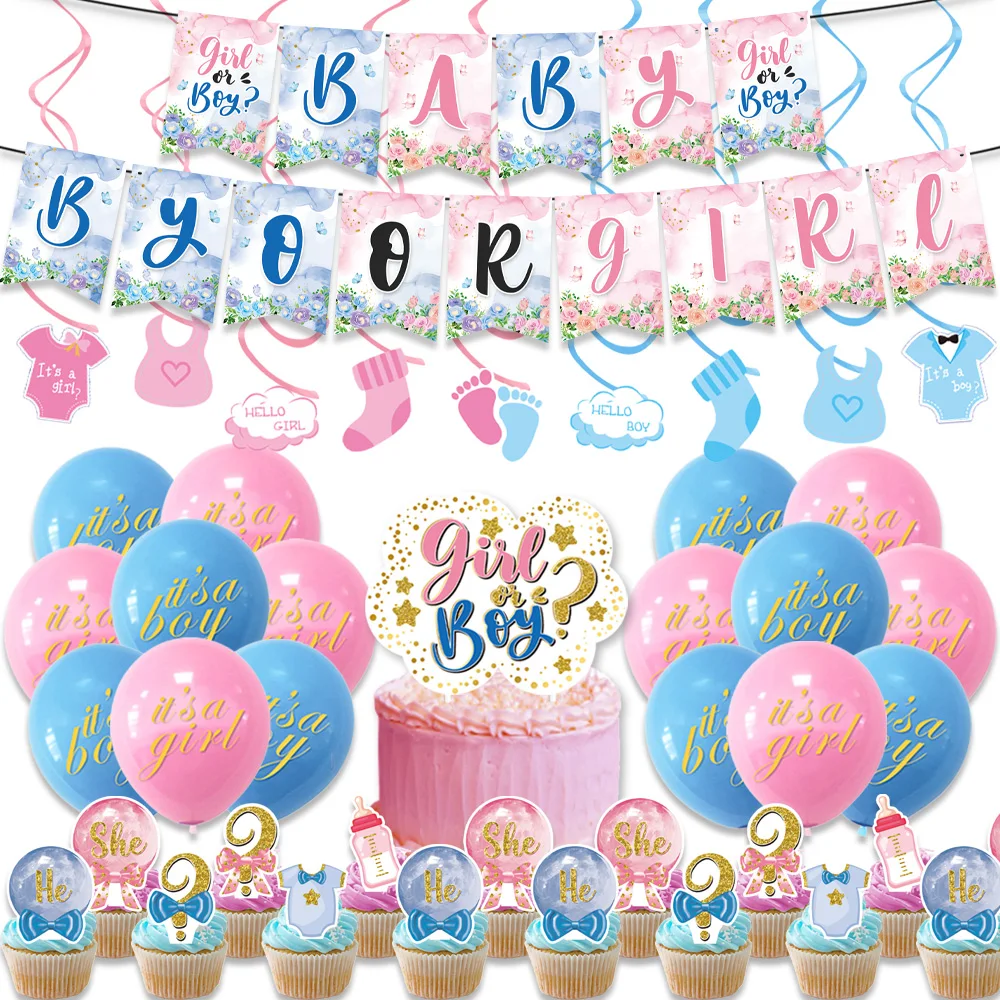 

Gender Reveal Theme Anniversaire Party Decorations Baby Shower Party Balloons Cupcake Flags Banners Ceiling Decorations