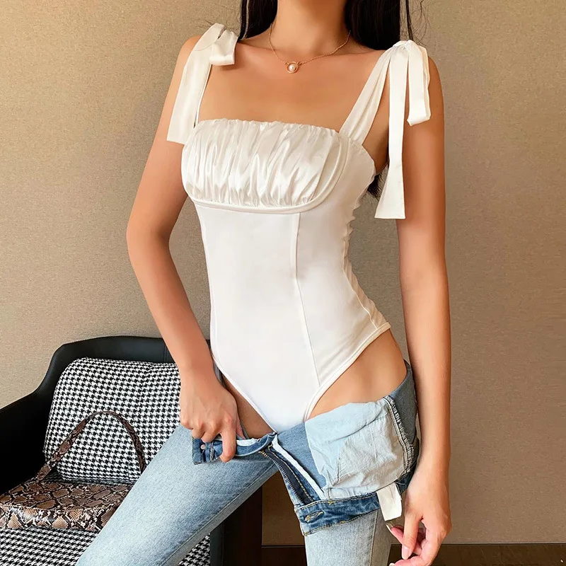 

2022 Sexy Suspender Bodysuit Top Women Summer Basic White Lace Up Bodysuit Jumpsuit Retro Club Body Pleated Top Women