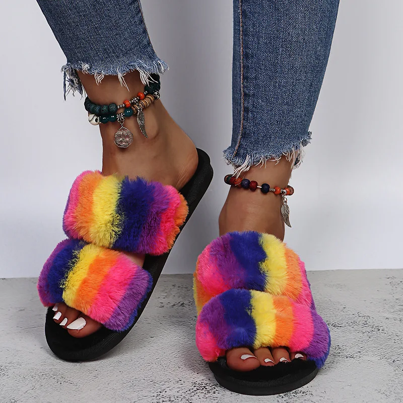 Large Size Color Wool Slippers Women Fall/winter Home Furnishing Cotton Slippers Fashion Word Slippers Women's Outer Wear