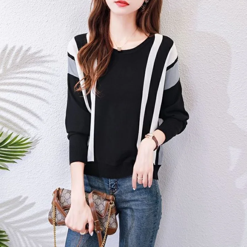 

Fashionable Knitwear Women's Striped Color Matching Top Long Sleeved Loose Fitting Sweater Underneath Trendy Trend All-match