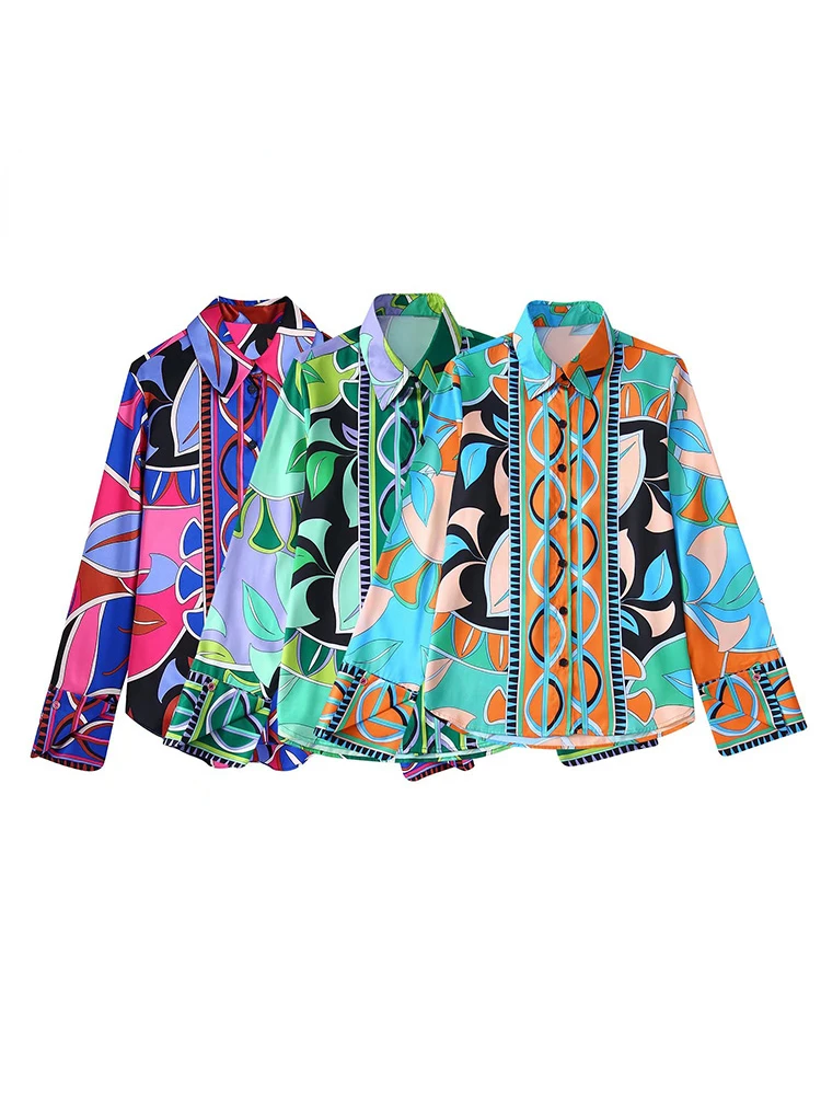 

Women Fashion Printed Single Breasted Blouse Vintage Lapel Neck Long Sleeves Female Chic Lady Shirts