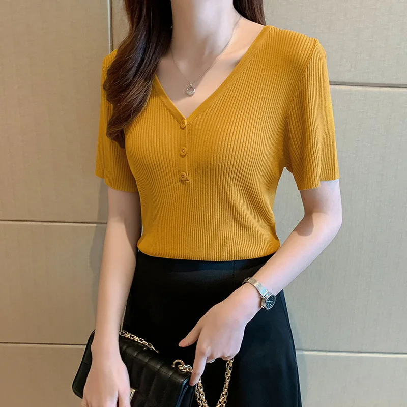 

2022 Casual solid color summer new V-neck short-sleeved top grey