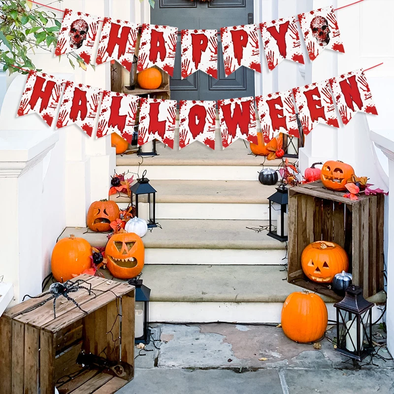 Баннер на Хэллоуин Кровавая рука нога череп скелет бумажный баннер пила Череп