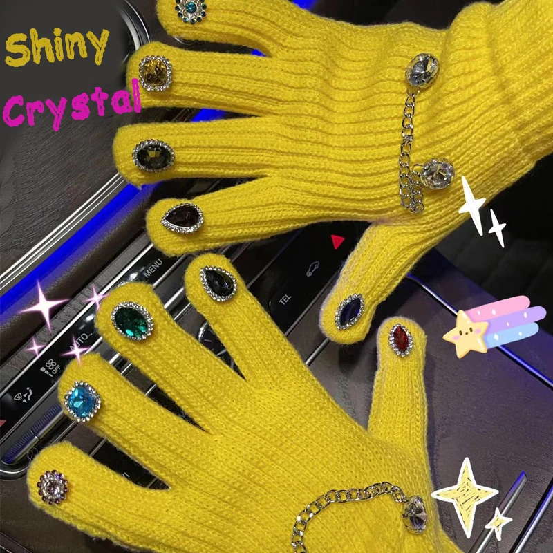 

Colorful Rhinestone Knitted Gloves Women Winter Warm Glove Luxury Crystal Full Finger Touchscreen Mittens Personality Gloves