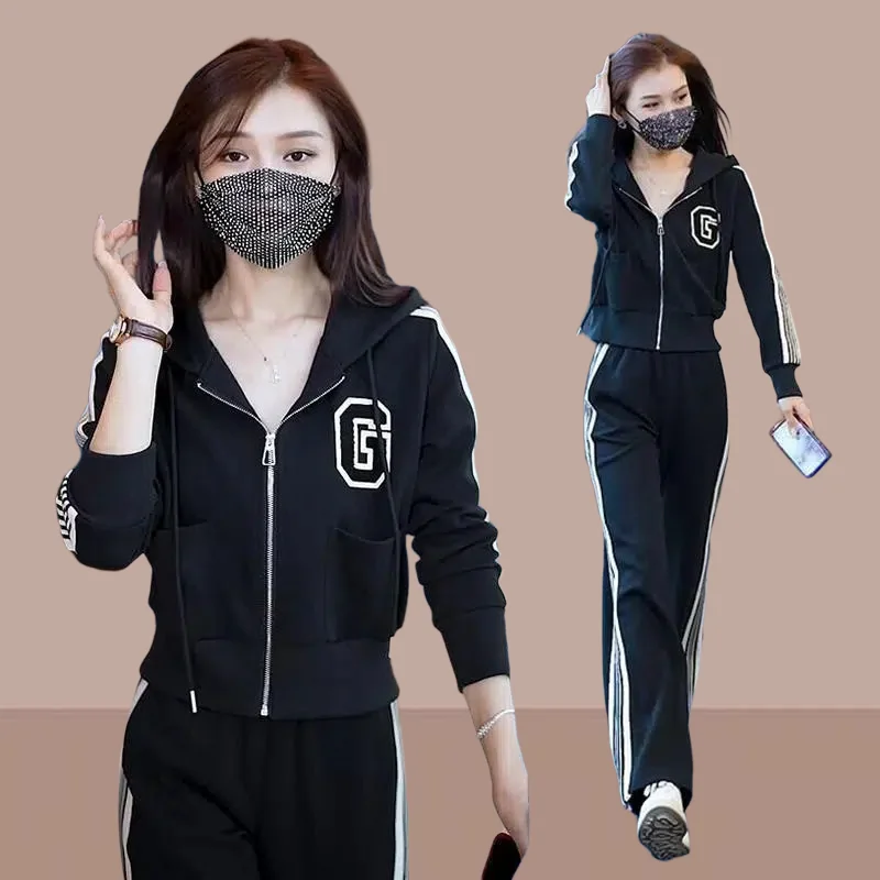 

Cotton Autumn Women Sportswear Tracksuit Korean Style Loose Hooded Jacket+pant Running Jogger Outfit Workout Fitness Casual Set