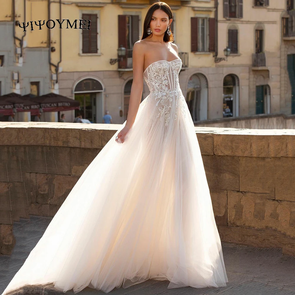 

Boho Strapless A-Line Tulle Wedding Dress 2023 Lace Appliques Bridal Gown Summer Beach Sweep Train Chic Civil Robe De Mariee