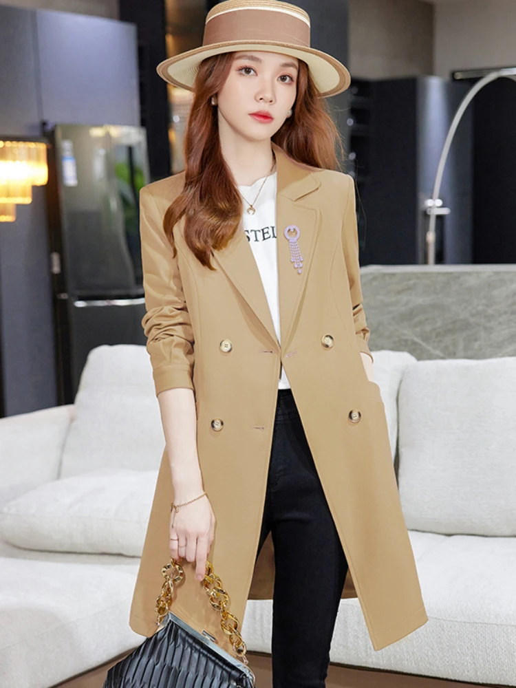 Trench Coat for Women 2022 Autumn Fashion Trench Coats Long Black Coats for Women Suit Jackets Women with Brooch Female Clothing