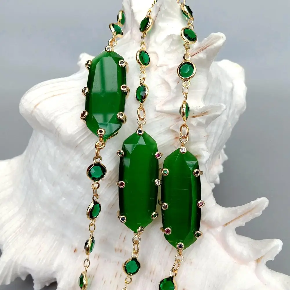 KKGEM office style 3 strands 14x40mm Green Cat Eye Cz set Jade Crystal Bezel Set Link Chain Bracelet |