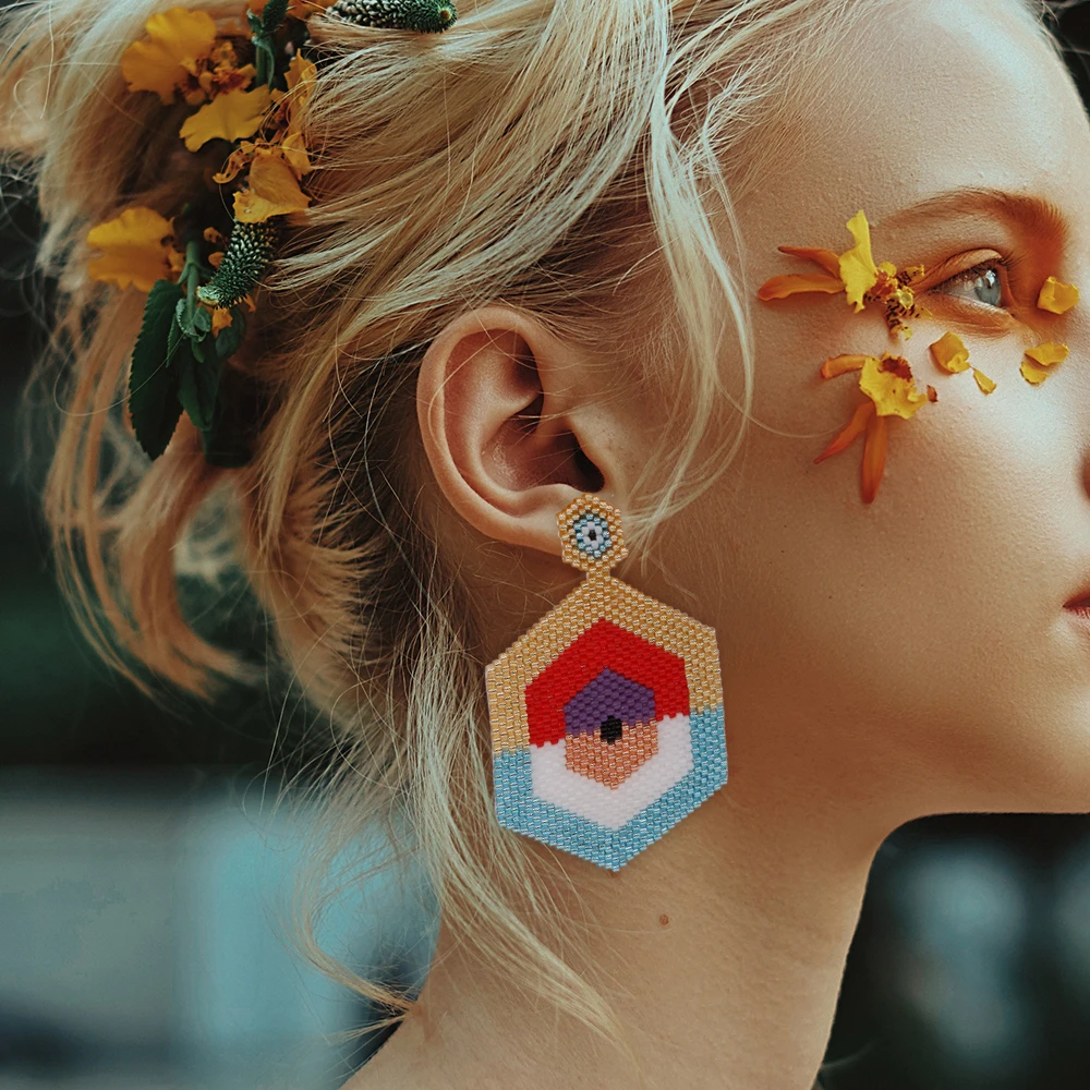 

Go2Boho New Arrive Multicolor Hexagonal Evil Eye Dangle Earring Handmade Miyuki Beads Drop Earrings Fashion Jewelry Earrings