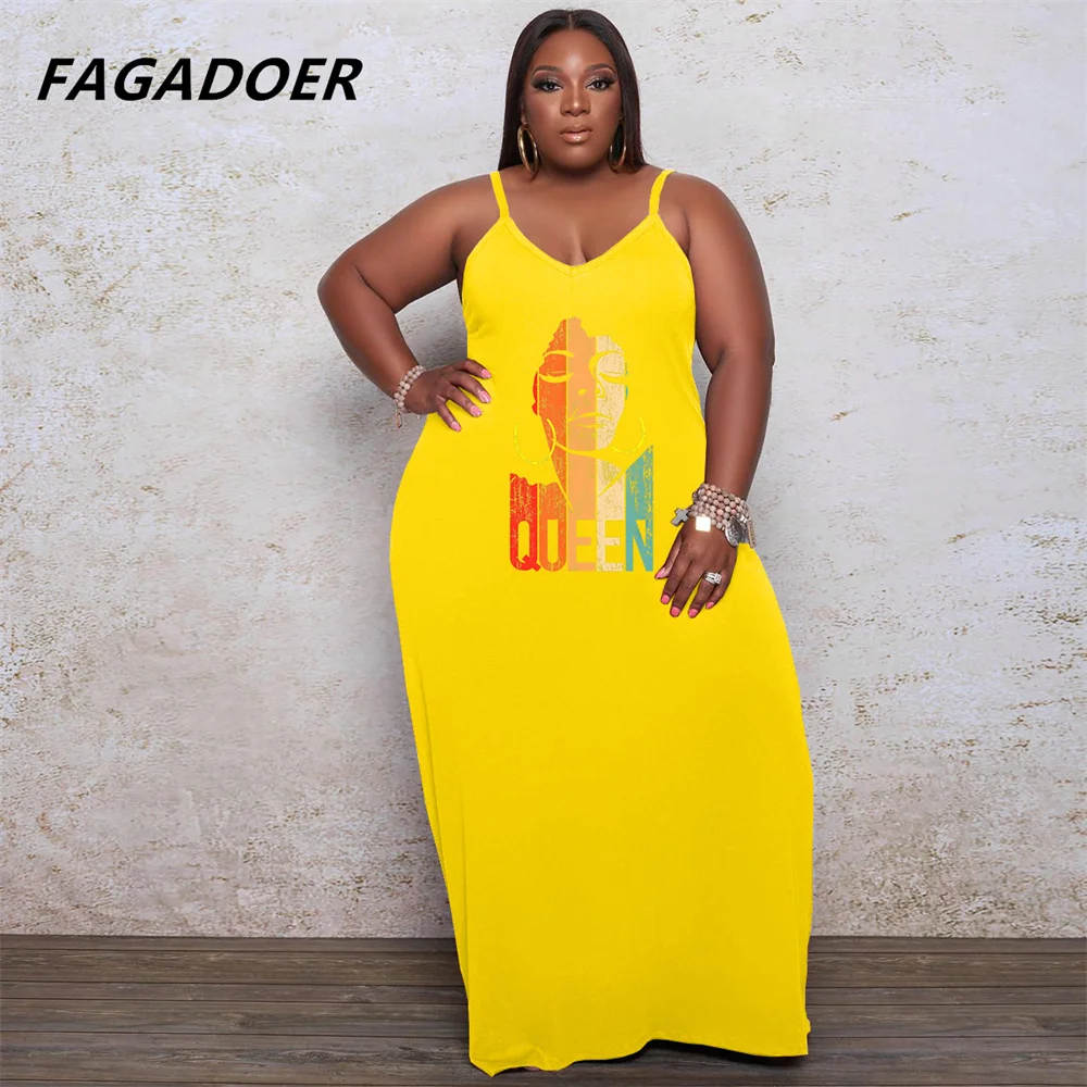 

FAGADOER Fashion Streetwear Floor Dresses Plus Size Print V Neck Sleeveless Suspenders Dress 2022 Summer Vestidos Clothes XL-5XL