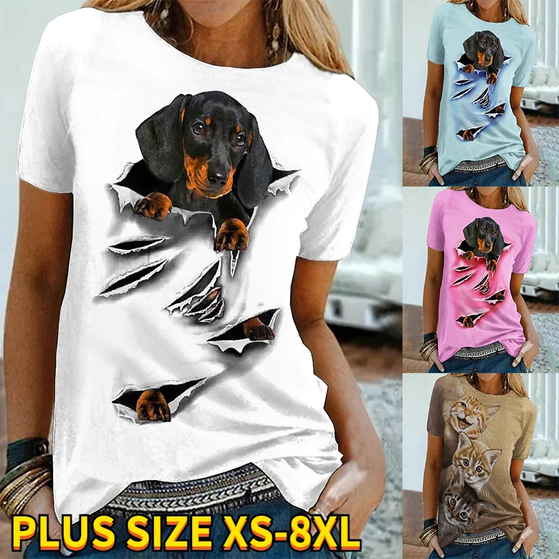 

Women's Cute Dog Printed Painting T Shirts Rund Neck Pullover 3D Printed Fational Female Streetwear T-shirt Summer 2022
