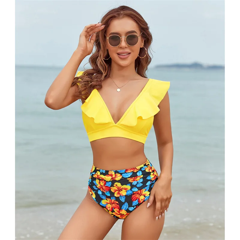 

V Neck Ruffle Print Women Bikini Sexy 2 Piece Halter Swimsuit Beach Pool Swimming Bathing Suit Leopard Floral Swimwear Backless