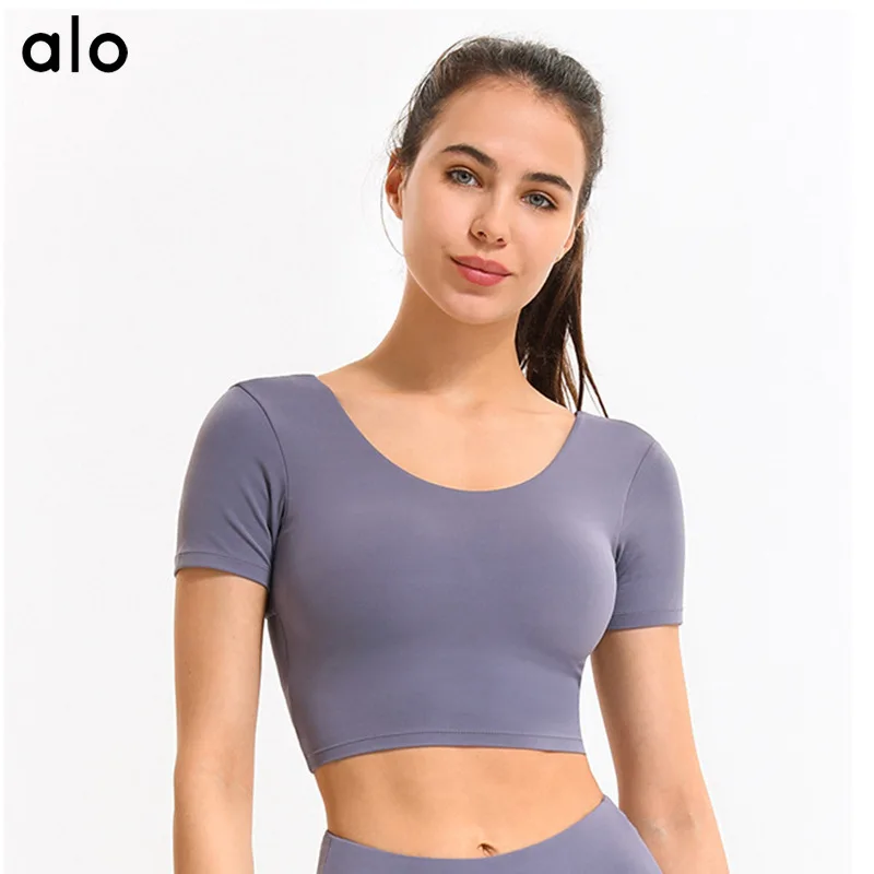 

Alo 22SS Yoga Clothes Female Nude Sexy Beauty Back Umbilical Short-sleeved T-shirt Cross-slim Elastic Sports Fitness Underwear