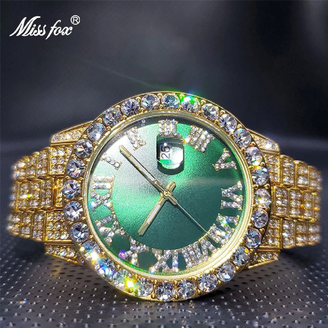 

18K Gold Men Watch with Green Dial Big Diamond Bezel Luxury Business Hip Hop Trend Couple Quartz Watches Calendar Dropshipping