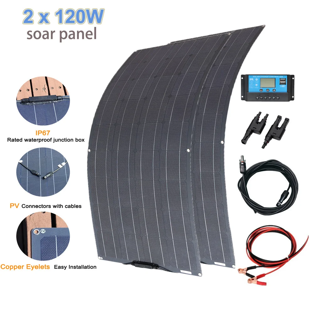 

1 или 2x240 Вт ETFE солнечная панель гибкие монокристаллические солнечные панели комплект солнечных батарей 120 Вт высокоэффективное зарядное устройство 12 в 24 В