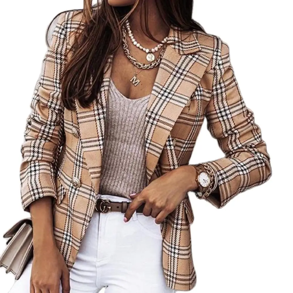 

2022 Autumn/Winter Ladies Fashion Autumn/Winter New Style Long-Sleeved Double-Breasted Plaid Print Suit Jacket