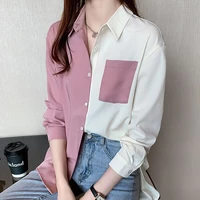 korean fashion panelled chiffon women shirt sweet casual long sleeve ladies blouses all match cardigan polo collar loose tops