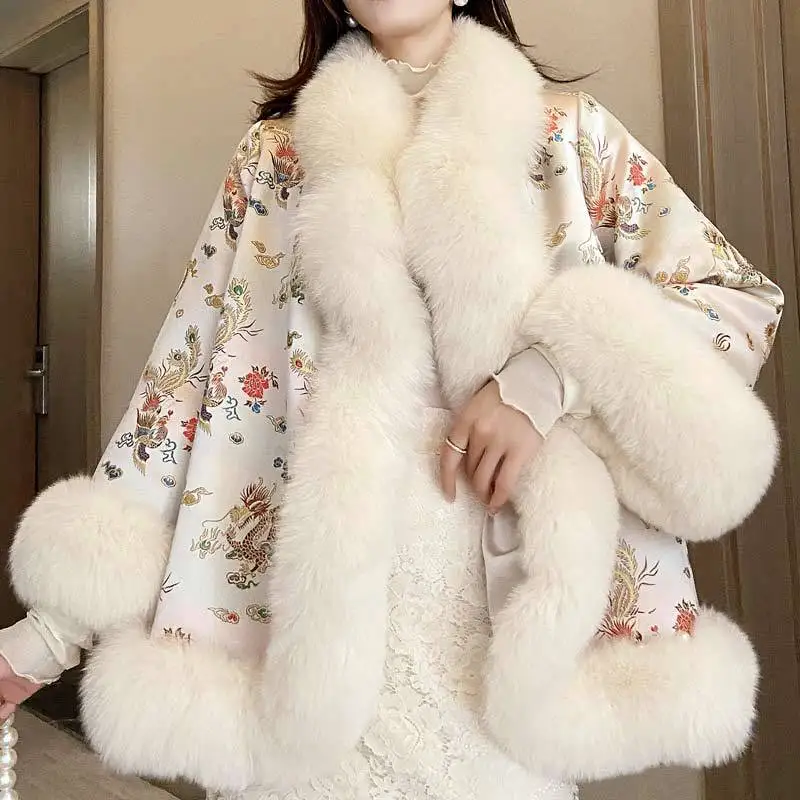 Женское пальто с вышивкой зимняя куртка из искусственного меха Harajuku костюм Тан