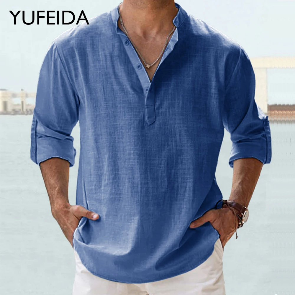

YUFEIDA High Quality Casual Cotton Linen Shirt Men Solid Color Loose Top Long Sleeve Shirts Summer Autumn Beachwear Blouse Shirt