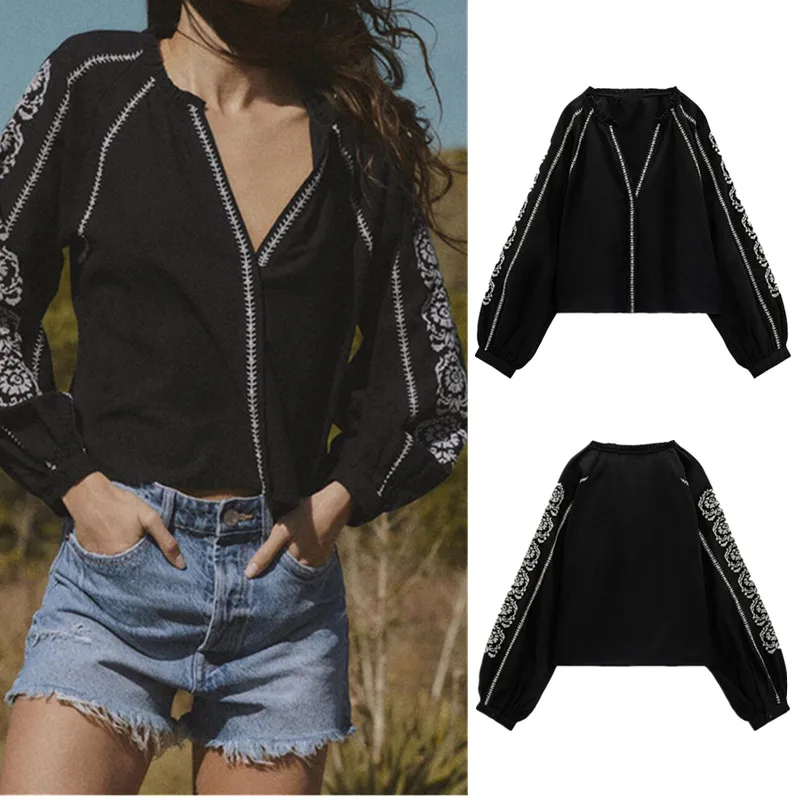 

COS LRIS summer new women's retro temperament V-neck embroidery linen blended long-sleeved black shirt top 7200/007