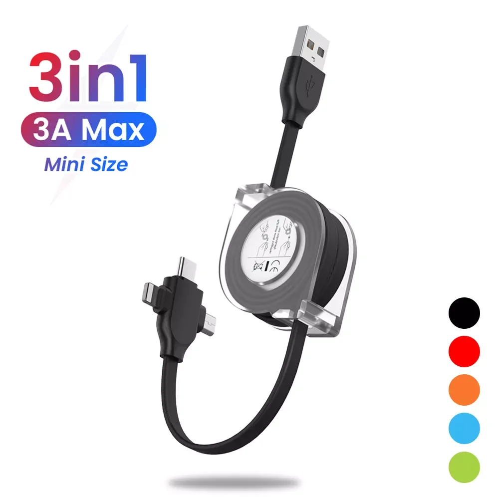 

2M 3 In 1 USB Charge Cable for iPhone 13 12 11 XS XR Micro USB Type C Cable Retractable Portable Mini Powerbak Charging Cable 1M