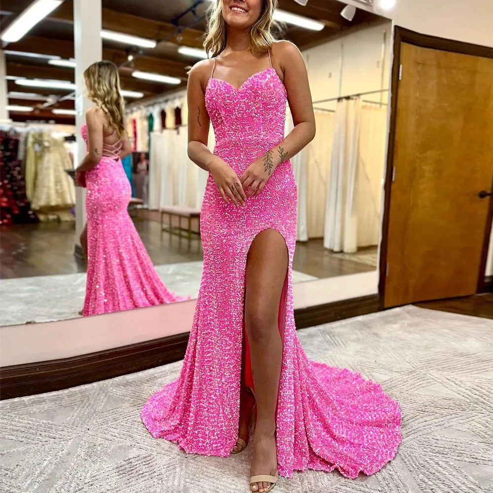 

Женское вечернее платье-Русалка It's yiiya, длинное бархатное платье на бретелях-спагетти с разрезом и блестками на лето 2019