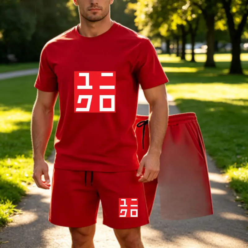 Мужской летний комплект Uniqlo из 2 предметов, хит продаж, футболка с короткими рукавами и завязками, повседневный спортивный комплект для бега, фитнеса, езды на мотоцикле (art.: 3920dbdc644f9) - 3920dbdc644f9