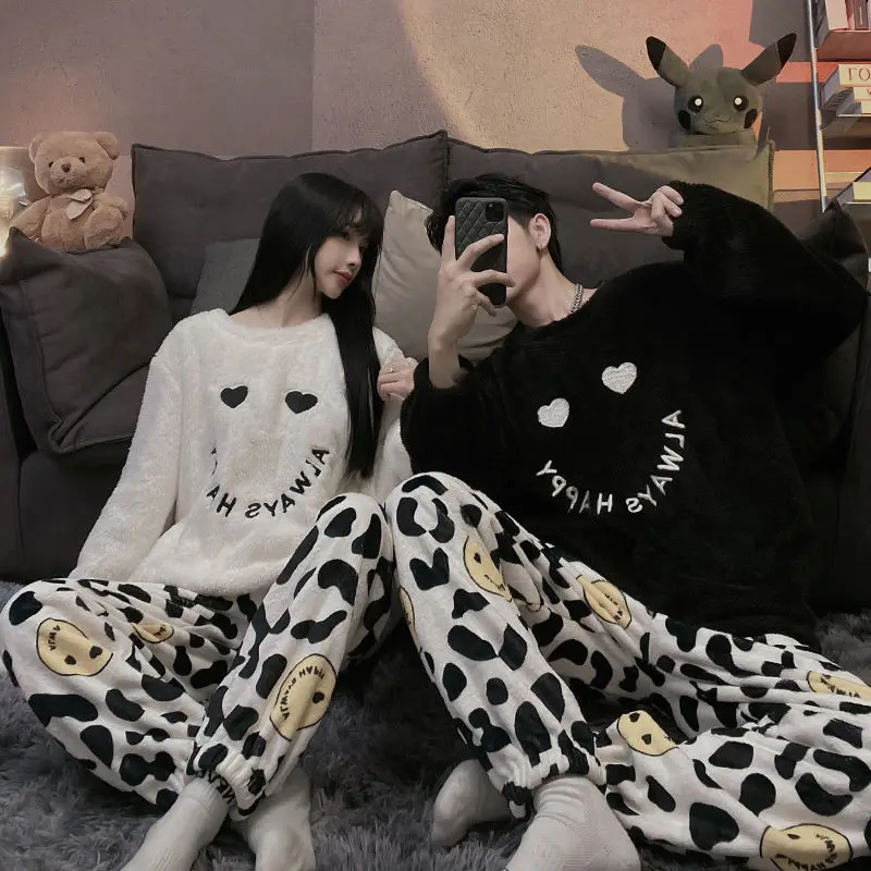 Autumn Winter Pajamas Female Ins New Thickened High-grade Students Plus Velvet Couple Suit Men's Suit Sleep Tops Sleepwear Women