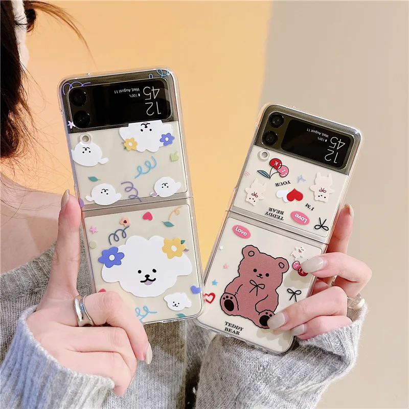

Transparent Ins Cute Puppy Bear Phone Case for Samsung Galaxy Z Flip 3 5G Hard PC Back Cover for ZFlip3 Case Protective Shell