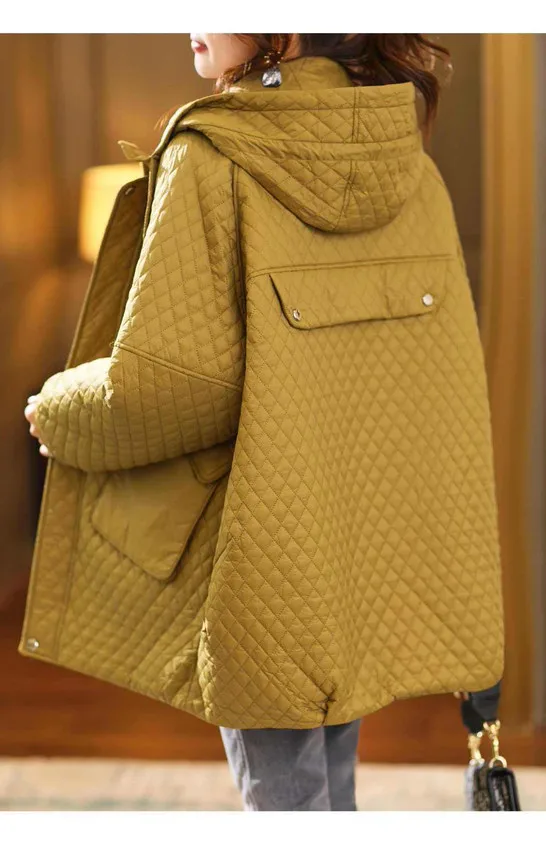 2023 New Oversized Hooded Plaid Cotton Jacket Women's Clothing Autumn Winter Coat Female Large Size Parka Black Overcoats AC765