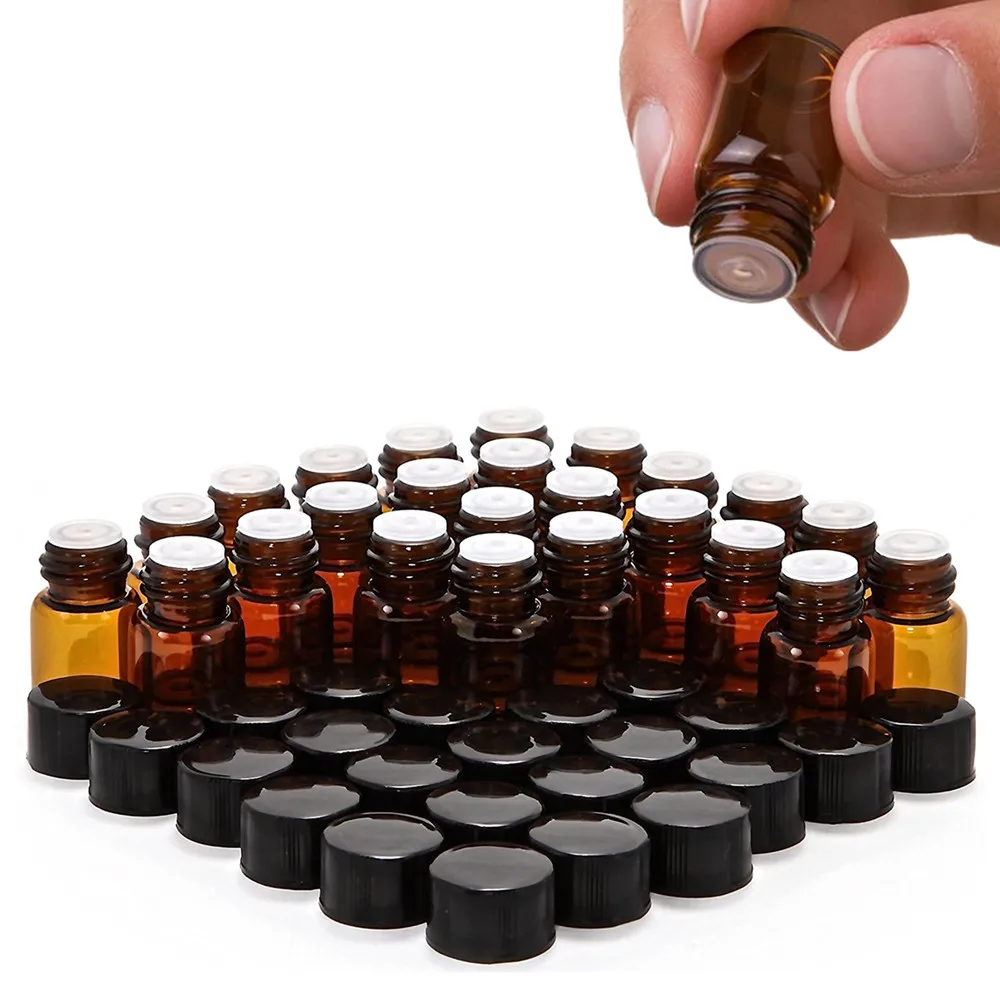 

12/32pcs 1ml 2ml Essential Oil Sample Bottle Empty Amber Glass Mini Vials with Orifice Reducer Black Lids Cosmetic Containers