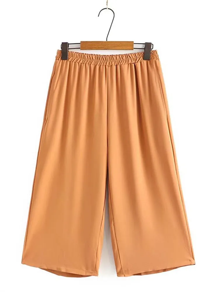 

Plus Size Women's Clothing Elastic Waist Straight Pants Pockets On Both Sides Summer Thin Chiffon Large Size Cropped Pants 4XL