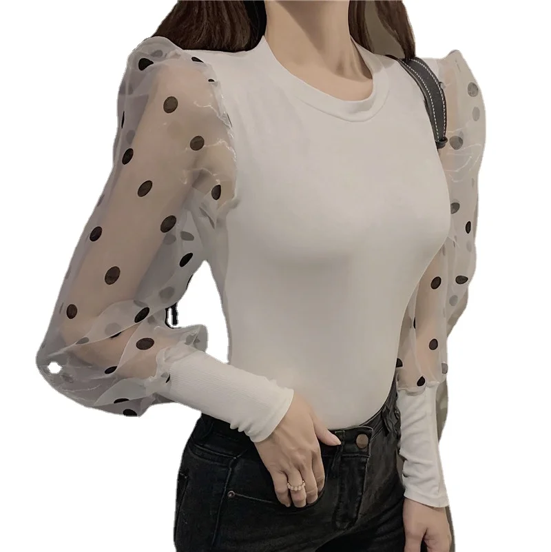 

Корейские Топы в горошек, женские модные брендовые футболки Vetement Femme с пышными рукавами, модные женские футболки, новые футболки Ulzzang