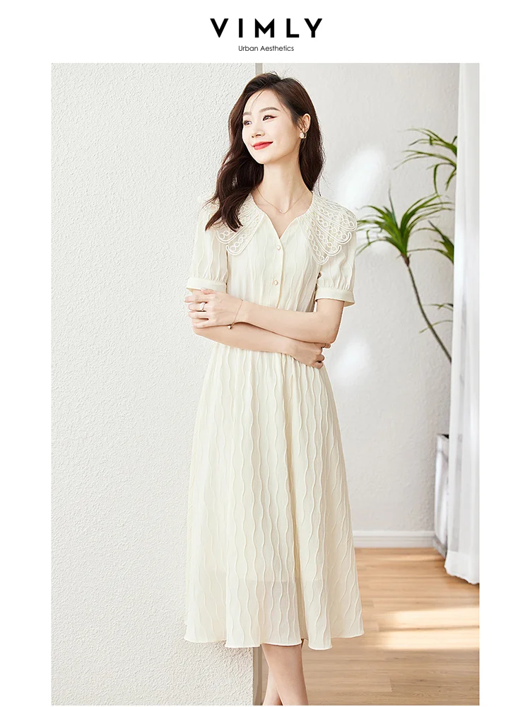 

Vimly Lace Collared V Neck Midi Dresses for Women 2023 A Line Button-up Elastic Waist Short Sleeve Holiday Beach Elegant Dress