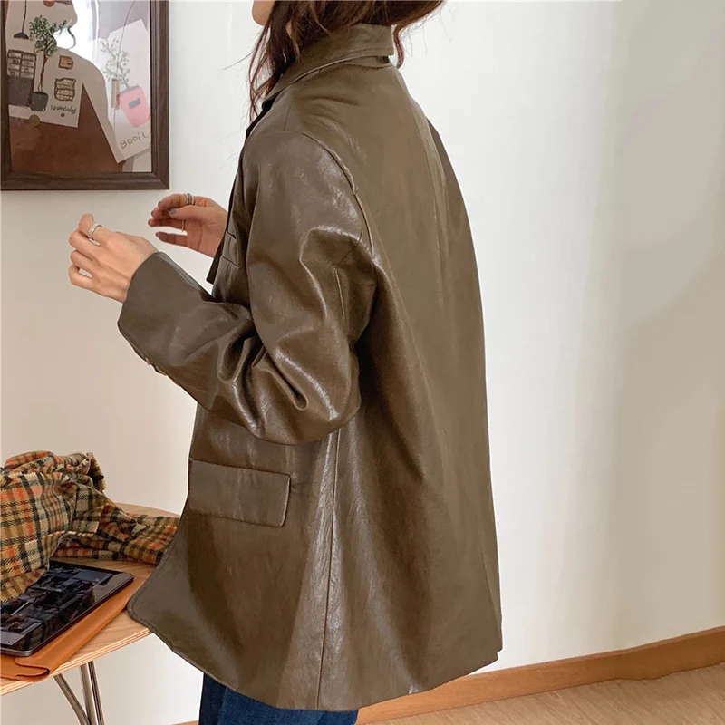 2022 autumn and winter new women's long-sleeved Korean fashion casual loose lapel trend leather suit jacket women