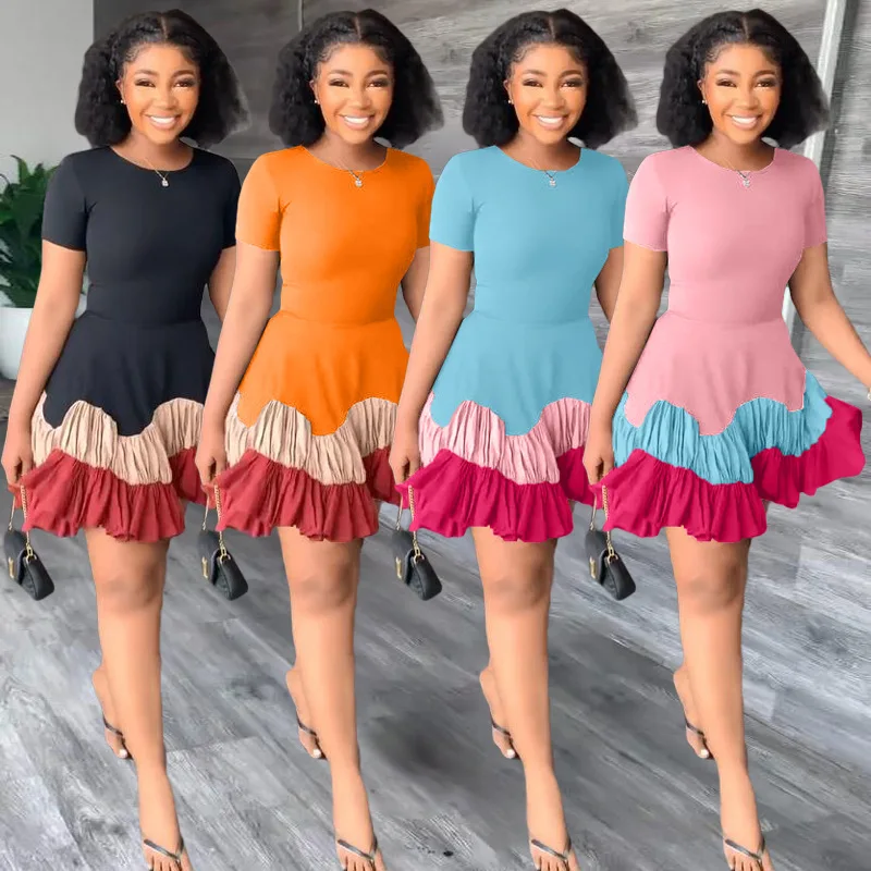 

Women's Summer Colorblock Short Sleeve Pleated Dress