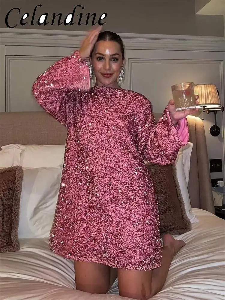 

Celandine Bow Sequins Shiny Christmas Party Dress Long Sleeve Elegant Sexy Winter Backless Lace Up Mini Dresses Women 2023