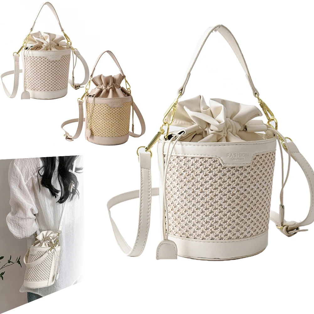 

New Trendy Straw Women Shoulder Bags Cylinder PU Leather Ladies Bucket Crossbody Bags Casual Drawstring Handbags Purse for Women