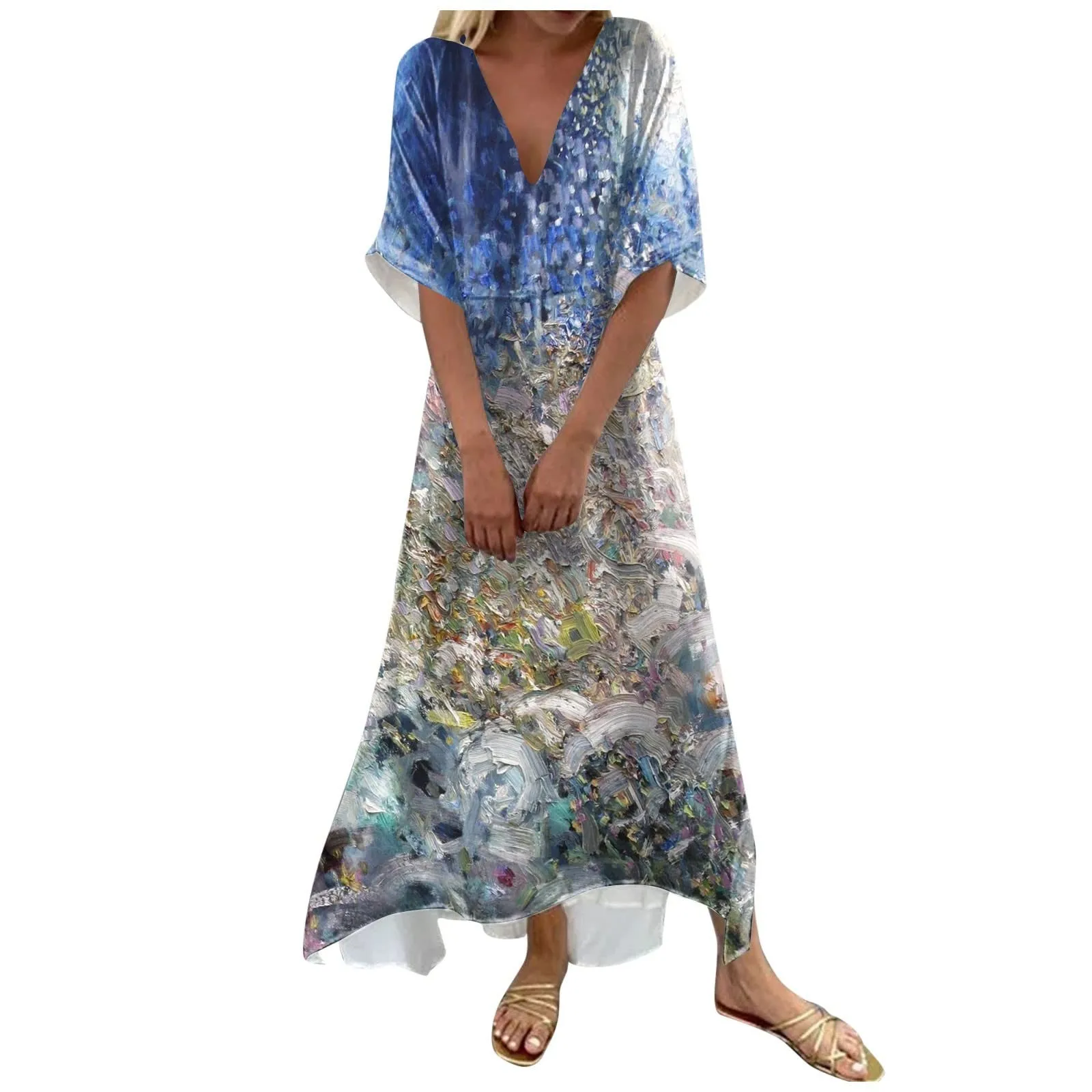 

Женское длинное платье с принтом, V-образным вырезом и поясом