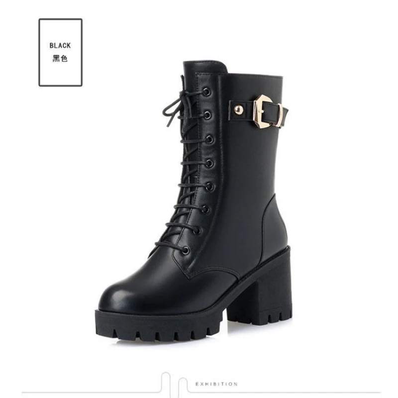 Women Mid-calf Leather Snow Boots Side Zip Boots Modern Female Motorcycle Shoes Plush Lining Winter Warm Footwear